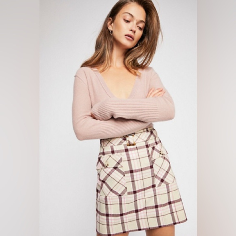 Free People Plaid Mini Skirt in Cream and Brown